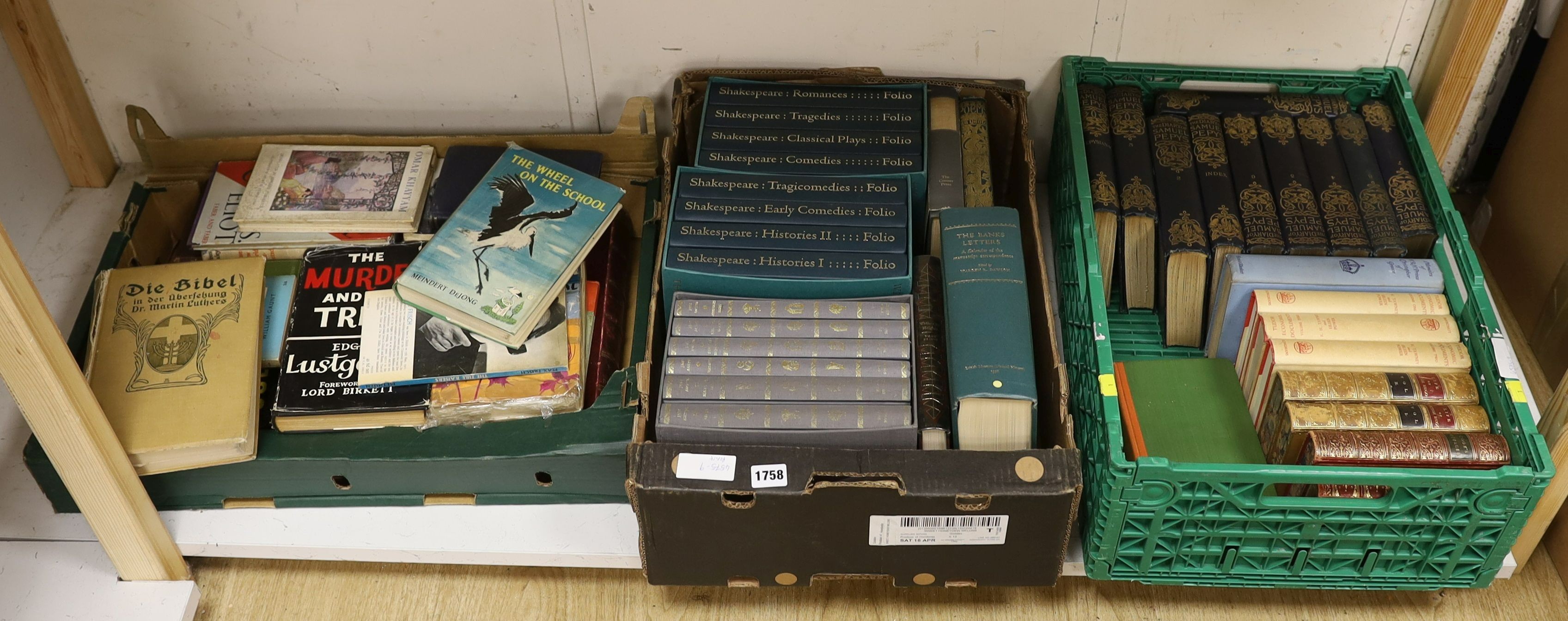 A quantity of books, Shakespeare Folios, leather bounds and various novels.